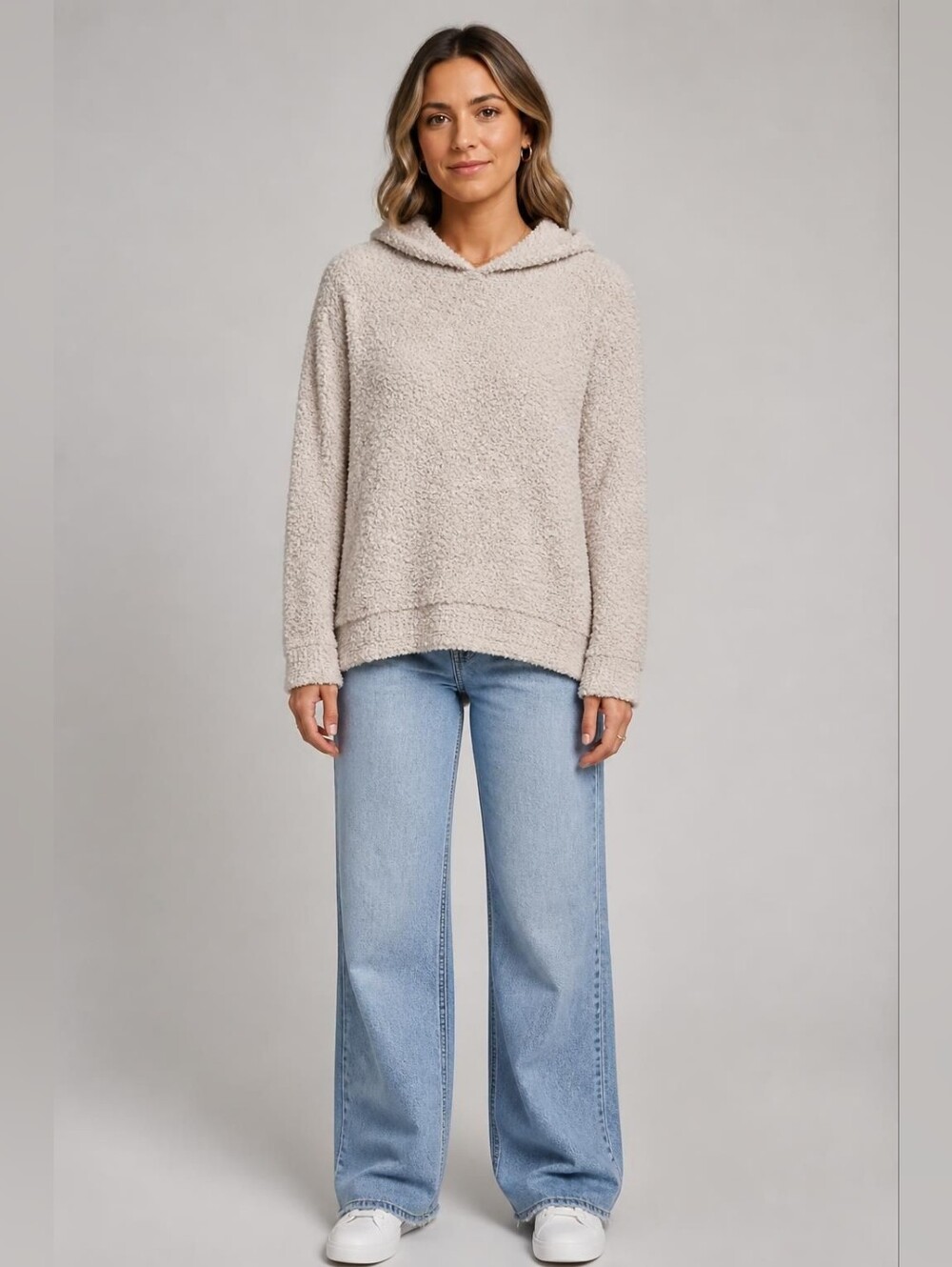 Listicle Large Cozy Popcorn Knit Hooded Pullover — Light Beige Acrylic & Mohair